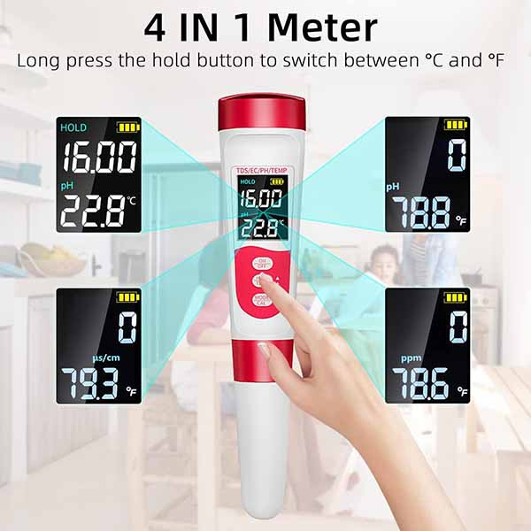 تستر(دستگاه) پی اچ متر (pH meter) قلمی ۴ کاره (PH/TDS/ES/Temp) آب مدل PH-300